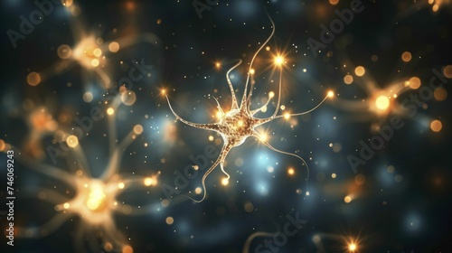 A single neuron radiating pulses of light, connecting to others in a vast network, against a dark, unfocused background. © Kanisorn