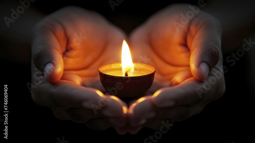 In the darkness, hands cradle a flickering flame, embodying hope and guidance.