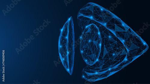 An optical eye lens. Polygonal design of interconnected lines and dots. Blue background. photo