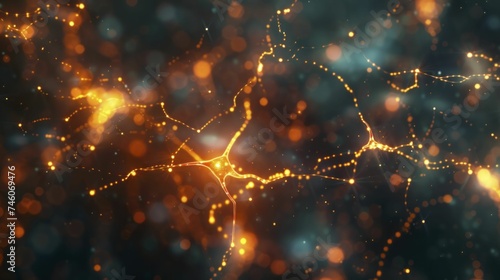 Nodes and links glow brightly in a digital neural network, showing AI's role in understanding the brain amid a dark scene.