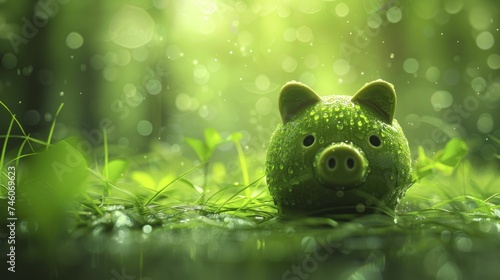 A minimalist depiction of a green savings piggy bank showcasing the financial advantages of sustainable business practices, set against a blurred economic backdrop. photo