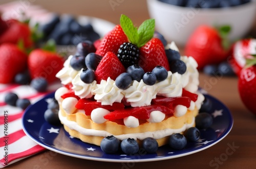 Colorful and appetizing shortcake topped with whipped cream, strawberries, and blueberries, set with patriotic theme decorations