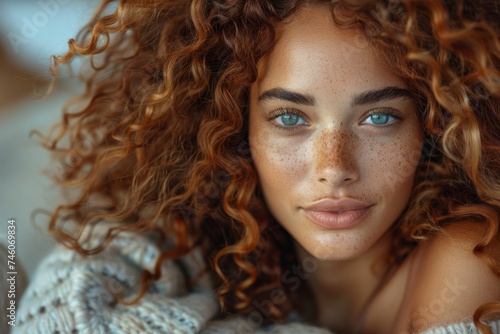 Close-up portrait of a young woman with striking green eyes and freckles offers a captivating and intense stare