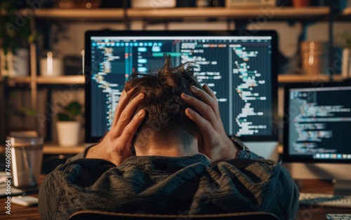 A distraught developer grasps his head in despair, illuminated only by the soft glow of computer screens in his home office. The late-night coding session has evidently taken a toll on his well-being. photo