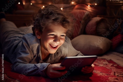 Boy having fun with a tablet photo