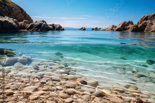 a clear blue water with rocks in the background