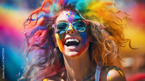 A woman looks happily excited in a colorful smoke bomb