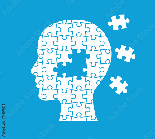 Puzzle Man Head Icon Isolated Blue Background