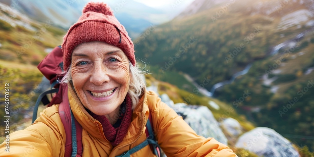 elderly traveler selfie in the mountains Generative AI