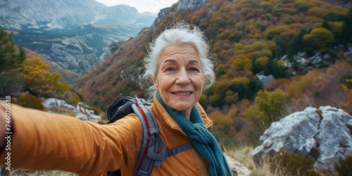 elderly traveler selfie in the mountains Generative AI