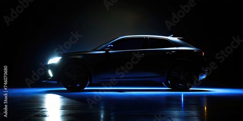Car silhouette with blue lights on black background photo