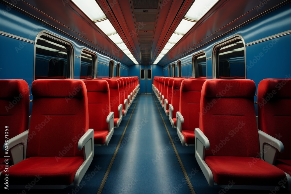 Interior of modern passenger train with comfortable blue seats and vibrant red carpet