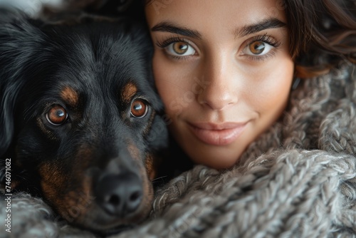 Intimate moment between a young woman and her black dog while both cuddle in a knitted blanket