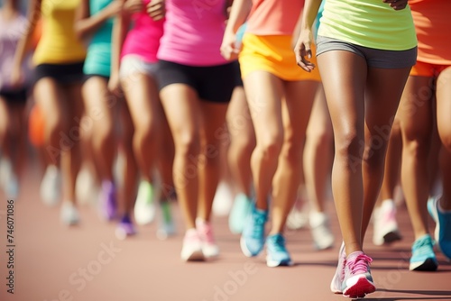 Diverse women in colorful sportswear running in a busy park on a sunny summer day