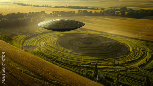 UFO hovering over rural landscape with crop circles in golden hour light - areal view from above photo