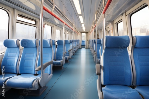 Interior of modern passenger train with comfortable seating, modern design, travel concept