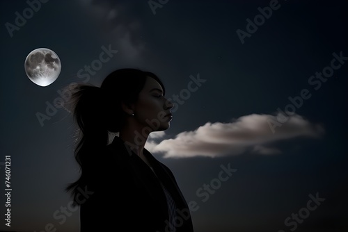 silhouette of a woman against the background of the moon