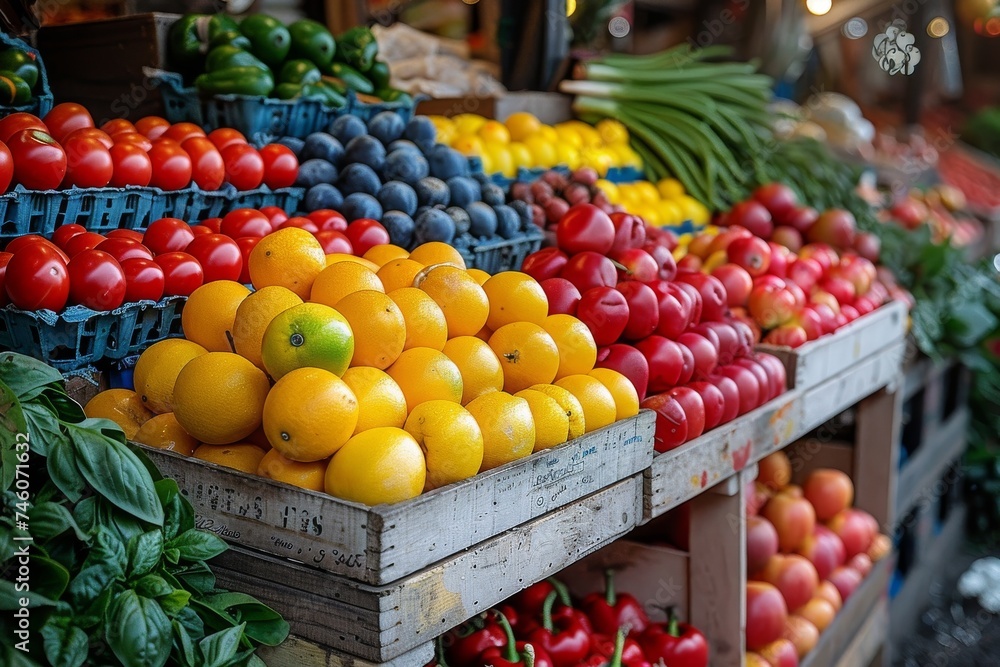 Vibrant, fresh fruits and vegetables neatly arranged at a market stall, inviting shoppers to a healthy feast