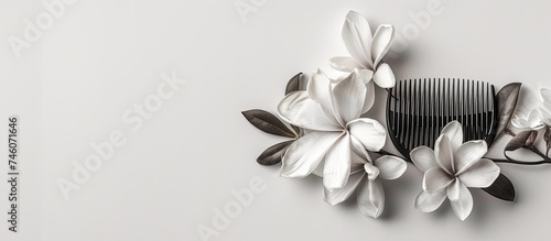 A black and white comb  beautifully adorned with delicate flowers  is showcased against a clean white background. The intricate design of the comb adds elegance and charm to this hair accessory.