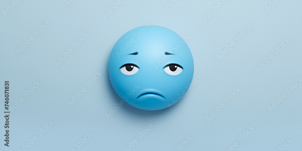 Fototapeta premium Yellow Monday concept. Sad emoji face on light blue background 