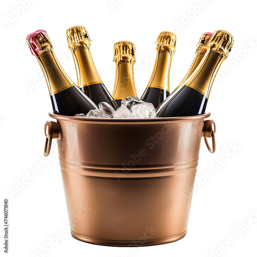 Bottles of Champagne in ice bucket isolated on white or transparent background