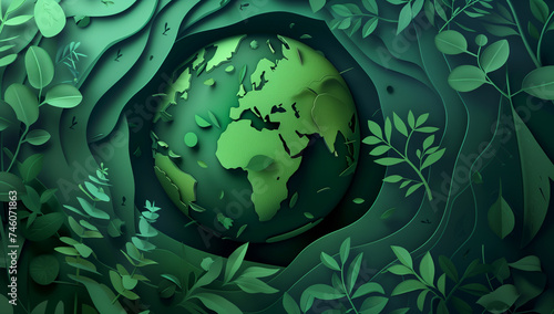 Paper art of Earth surrounded by foliage for Earth Day. Holiday concept. Background image focused on green initiatives. Banner with copy space.