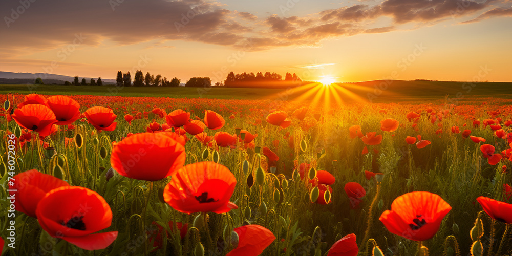 Field of red poppies at sunset with the last rays of the sun
