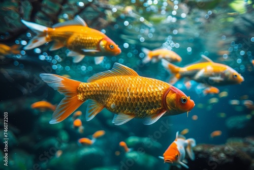 A close-up shot captures the glistening scales of golden fish as they swim gracefully among fine bubbles in a freshwater aquarium