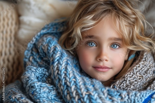Young girl with captivating eyes wrapped warmly in a chunky blue knit blanket © svastix