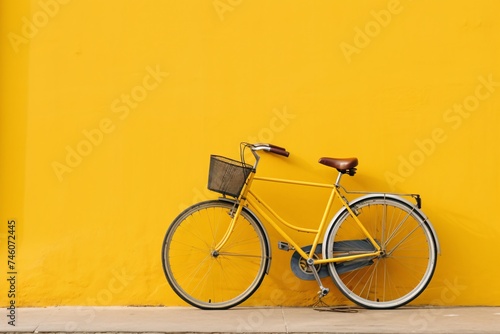 a bicycle leaning against a yellow wall
