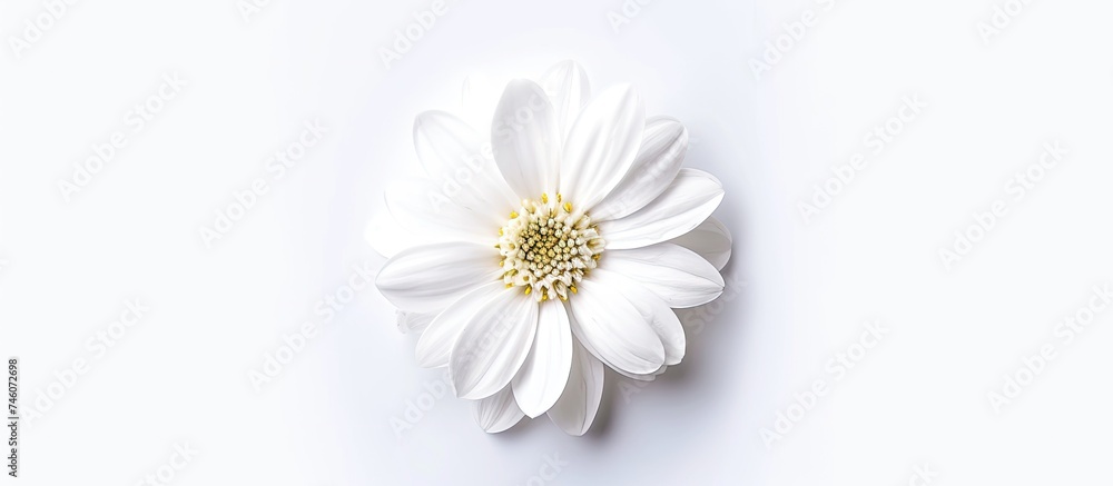 Obraz premium A white Spanish daisy flower with a vibrant yellow center is centered on a clean white backdrop. The delicate petals of the flower contrast beautifully with the bright yellow center, creating a