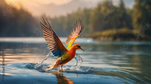 drop of water bounces above the water surface, transforming into a liquid shape of a colorful majestic bird opening its wings soaring gracefully above the water accompanied by a mesmerizing dance of s © Muhammad