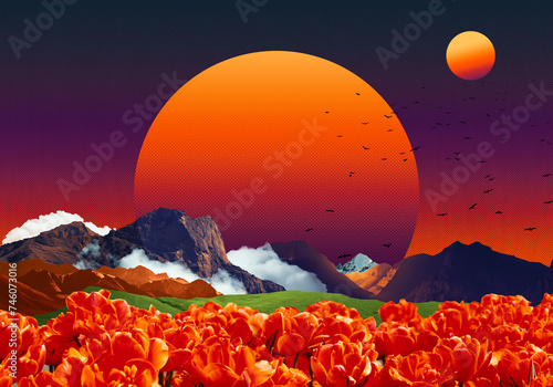Surreal collage composition made from cut out pieces of vintage photo. Tulips floral field, green field, mountains and vivi colored sundown. Dadaism contemporary art. Fantasy universe.