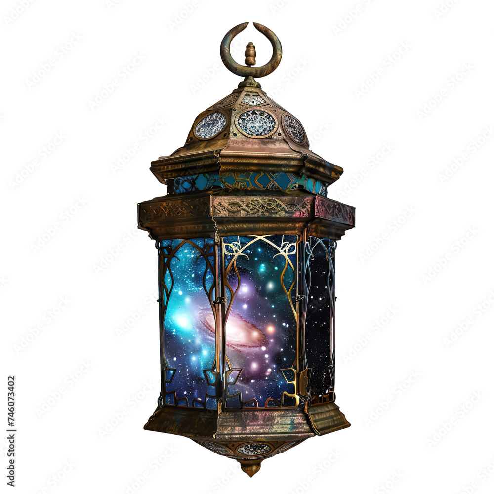 An ethereal cosmic galaxy trapped in an Arab lantern isolated on white background An ethereal cosmic galaxy trapped in an Arab lantern isolated on white background