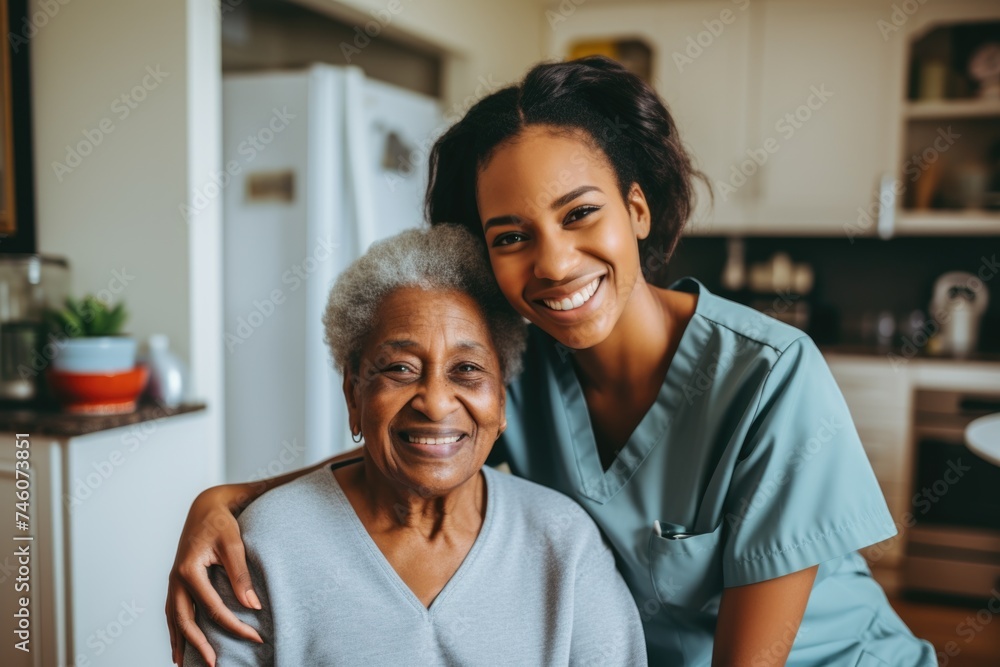 Obraz premium Portrait of a young female caregiver with senior patient at home