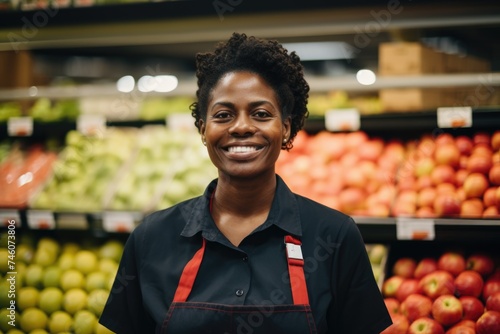 Portrait of a middle aged african american female grocery store worker photo