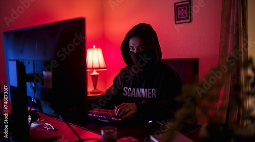 The scammer wears a hoodie in front of a computer generative ai art