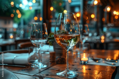 This inviting image captures the ambiance of a sophisticated restaurant with wine glasses ready for an evening dining experience