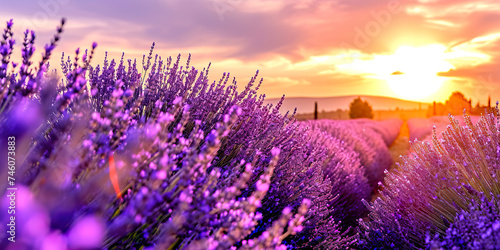 Lavender field sunset and lines. Beautiful