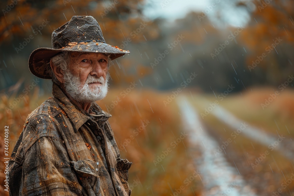 A solitary cowboy stands in the rain, a contemplative figure against the backdrop of a wet rural path