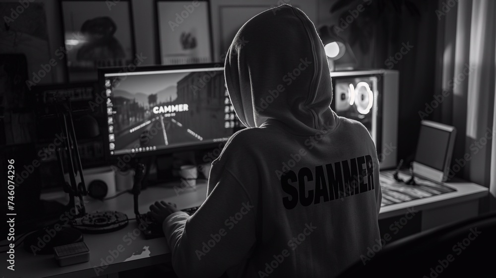 The scammer wears a hoodie in front of a computer generative ai art The scammer wears a hoodie in front of a computer generative ai art