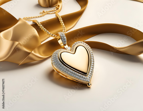 Beautiful golden and diamond heart necklace bounded by long golden ribbon photo