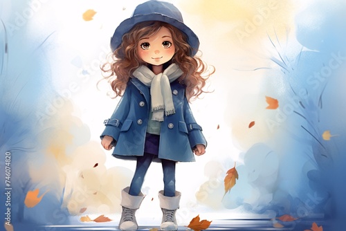 a cartoon of a girl wearing a blue coat and hat