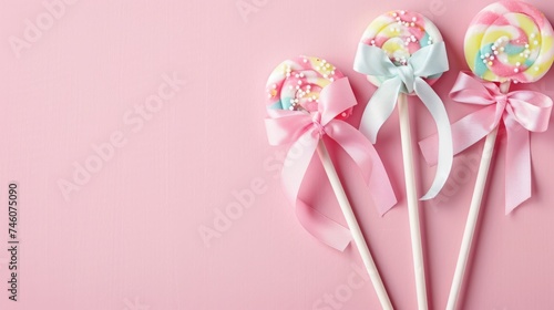 Colorful swirl lollipops with elegant bows against a pink backdrop, perfect for occasions celebrating joy and sweetness.