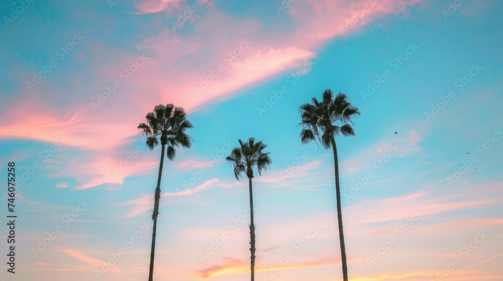 Three palm trees stand against a pastel sunset sky, embodying tropical scenery, vacation, and serene landscapes.