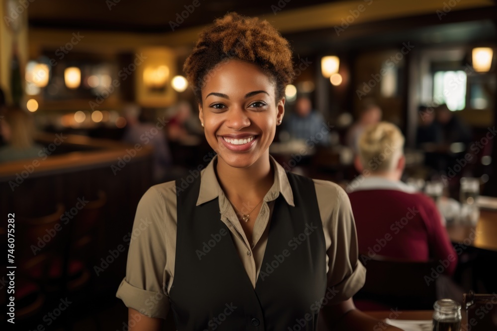 Smiling portrait of a young waitress in cafe or bar Smiling portrait of a young waitress in cafe or bar