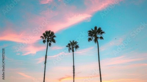 Three palm trees stand against a pastel sunset sky  embodying tropical scenery  vacation  and serene landscapes.