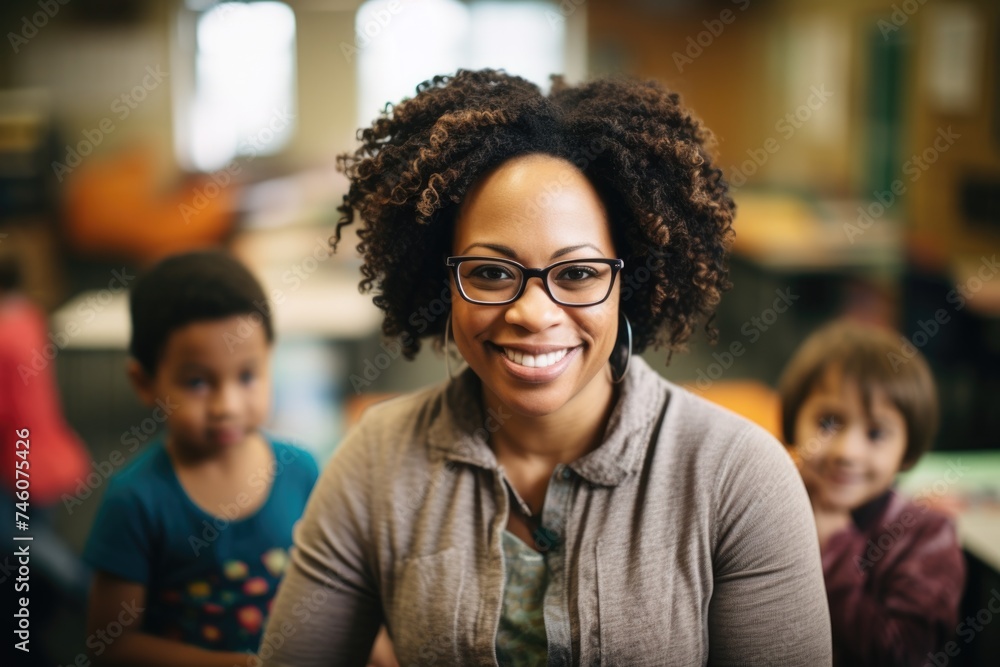 Portrait of a smiling female teacher in classroom Portrait of a smiling female teacher in classroom