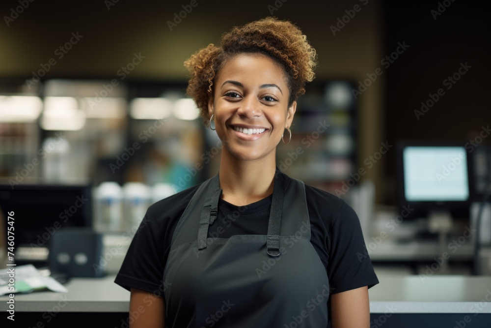 Portrait of a smiling young woman working at the cash register - obrazy, fototapety, plakaty 