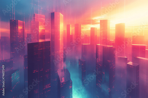 Sunset Matrix: Digital Cityscape in Radiant Coral Glow